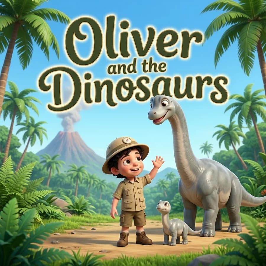 An illustrated cover reading “Oliver and the Dinosaurs”, a small explorer beside a friendly long-necked dinosaur