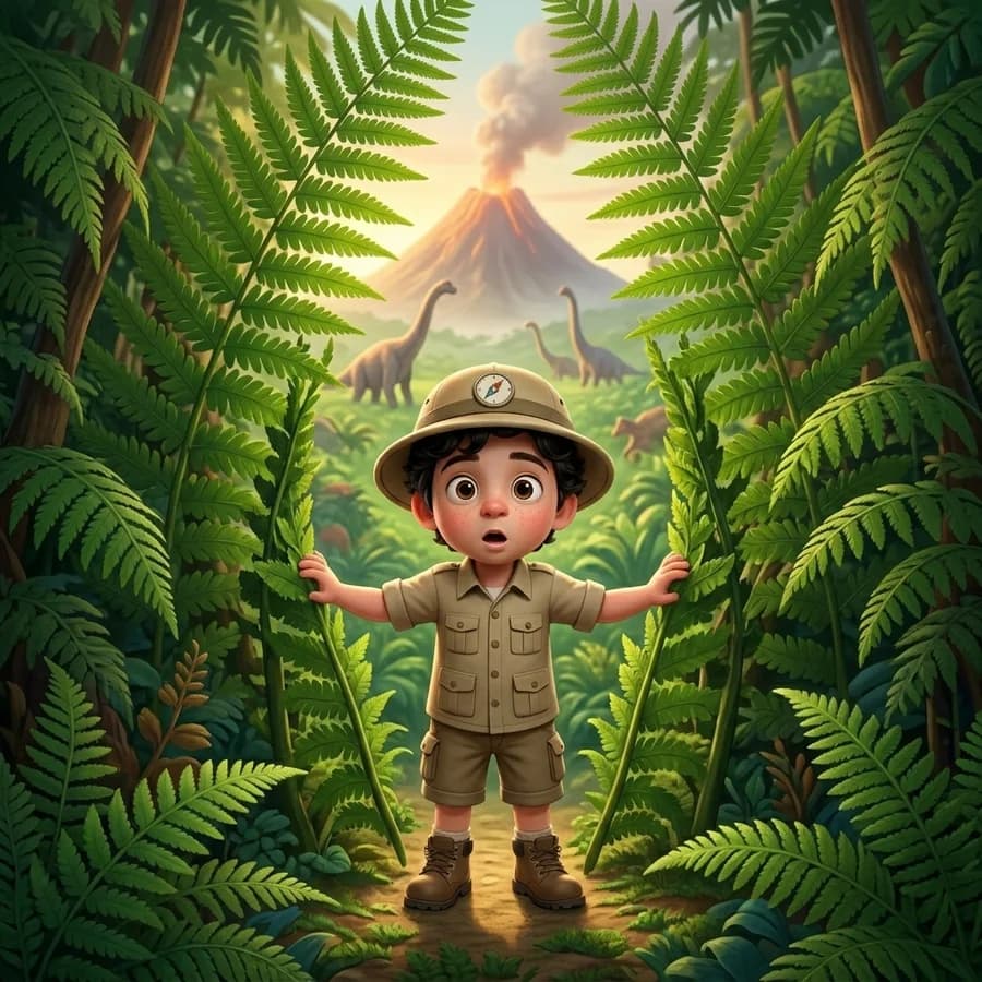 A child in an explorer's outfit parting tall ferns to peek into a hidden valley