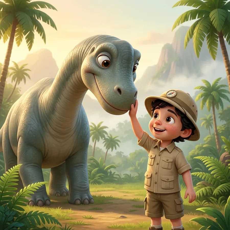 A huge gentle long-necked dinosaur lowering its head to greet the same child