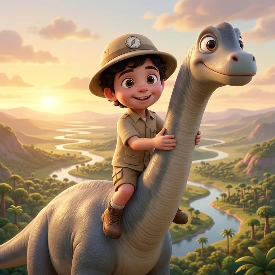 The child riding high on the dinosaur's neck, the whole valley below