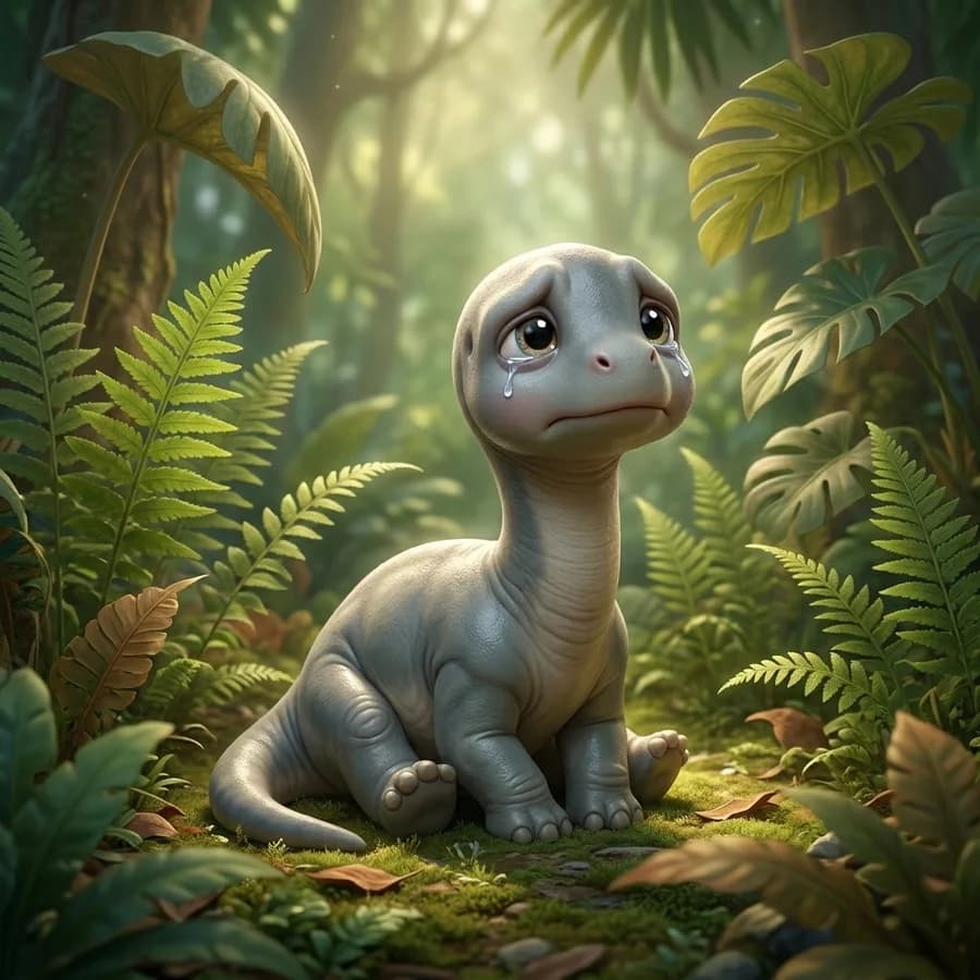 A tiny baby dinosaur alone among the ferns, looking lost