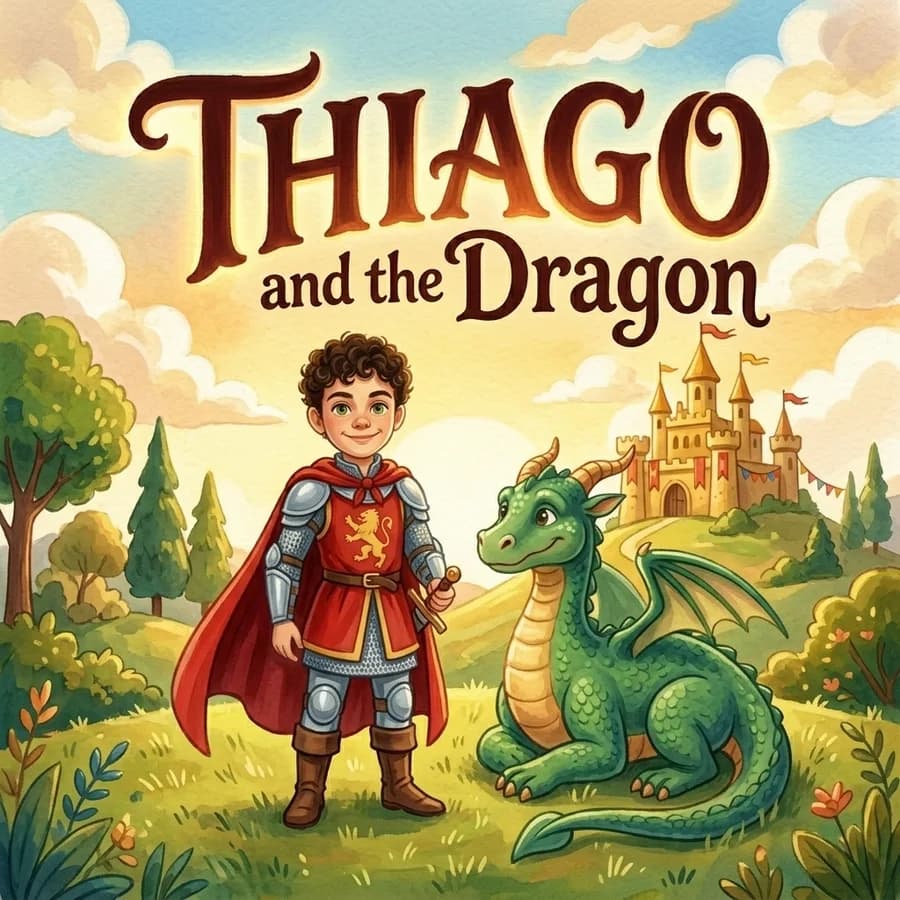 An illustrated cover reading “Thiago and the Dragon”, a small knight in a red cape beside a friendly green dragon