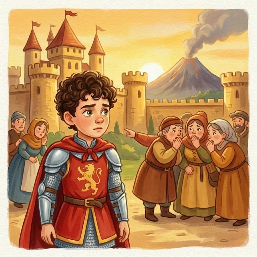 Worried townsfolk outside a golden castle, pointing up at a smoking hill
