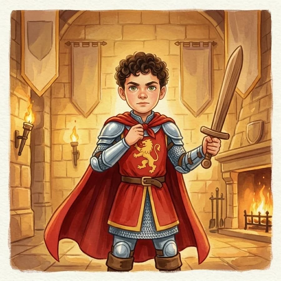 The same child fastening a knight's cape in a torchlit castle hall