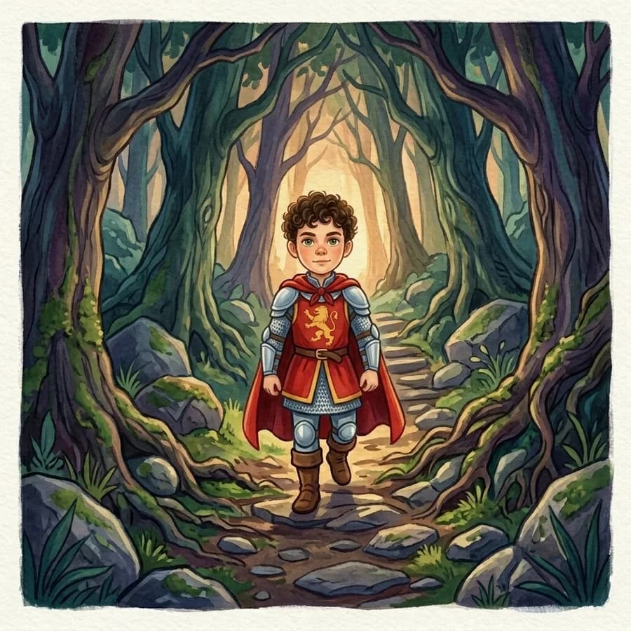 The little knight walking bravely up a rocky path through a shadowy forest