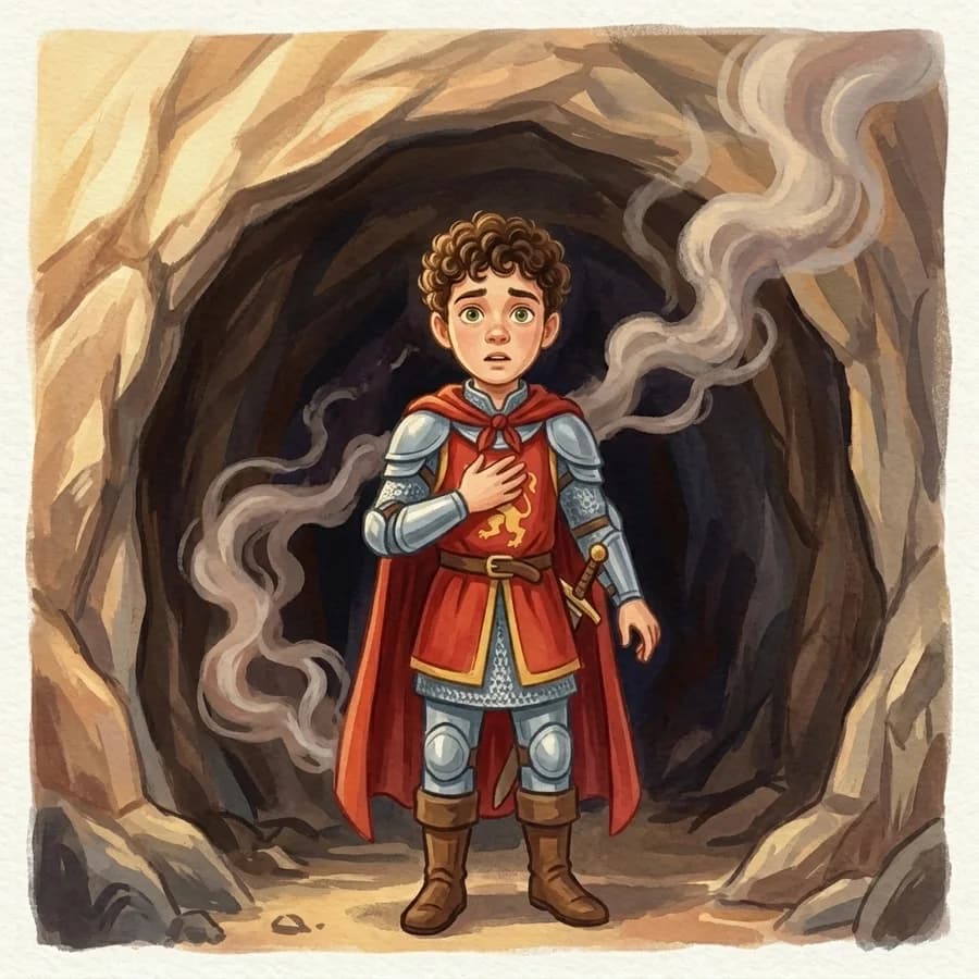 A great dark cave mouth with smoke curling out, the knight standing very still