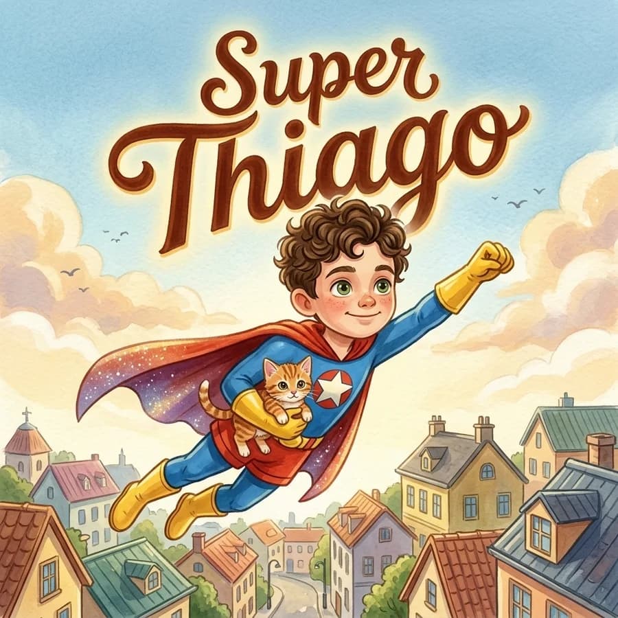 An illustrated cover reading “Super Thiago”, a boy in a cape flying over a town holding a kitten