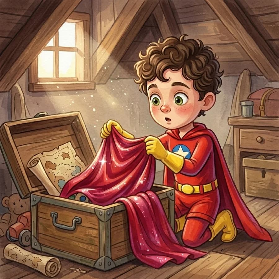 A child kneeling at an old toy box, lifting out a shimmering cape