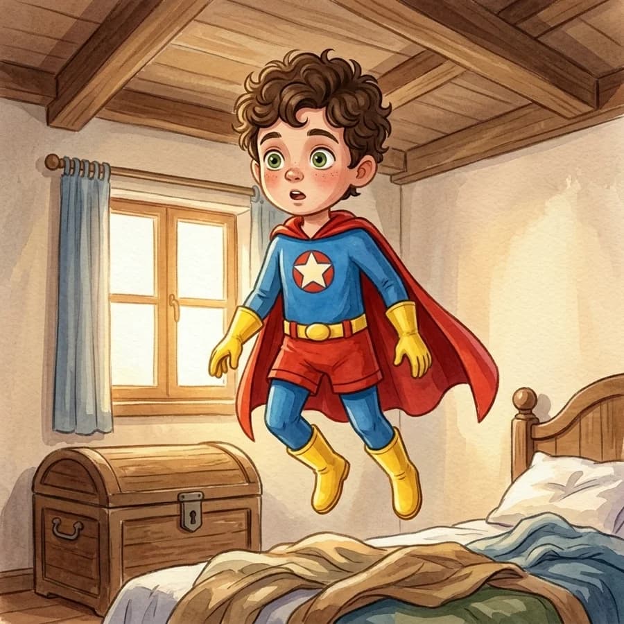 The same child floating up off the bedroom floor, the cape tied on