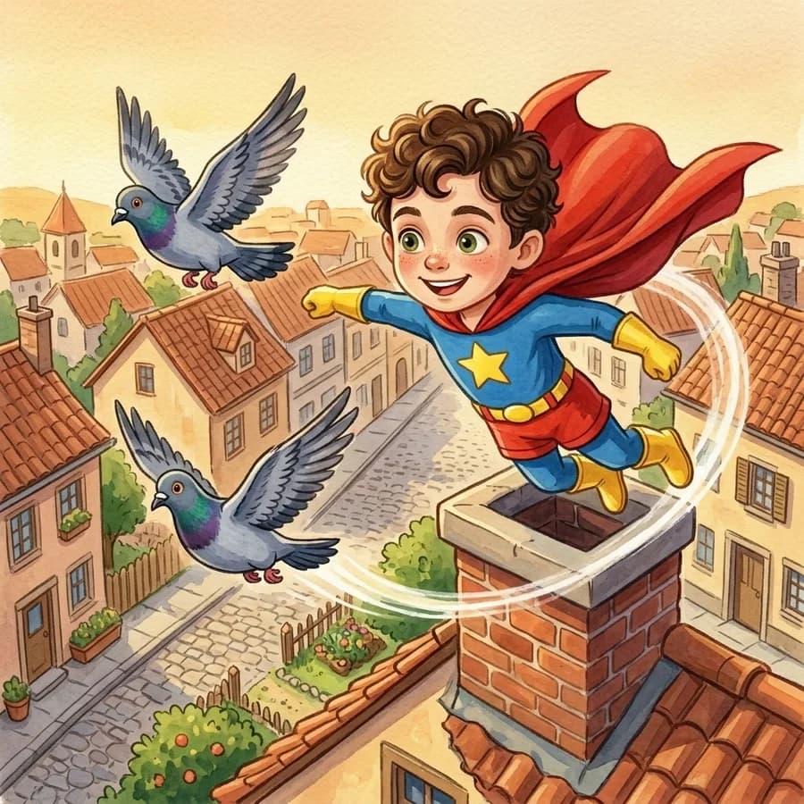 The same child flying over rooftops, racing two pigeons