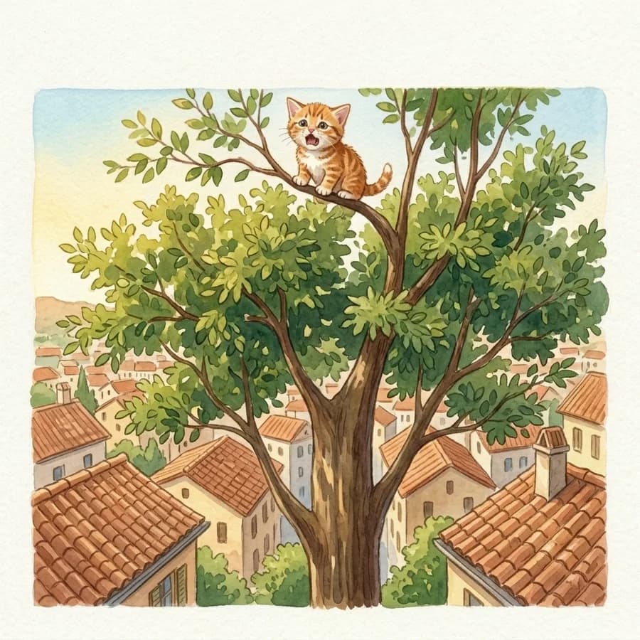 A frightened orange kitten stuck at the top of the tallest tree in town
