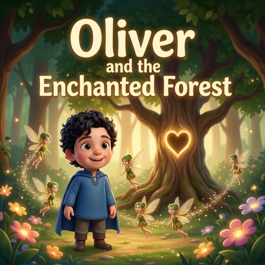 An illustrated cover reading “Oliver and the Enchanted Forest”, a child among tiny fairies by a glowing tree