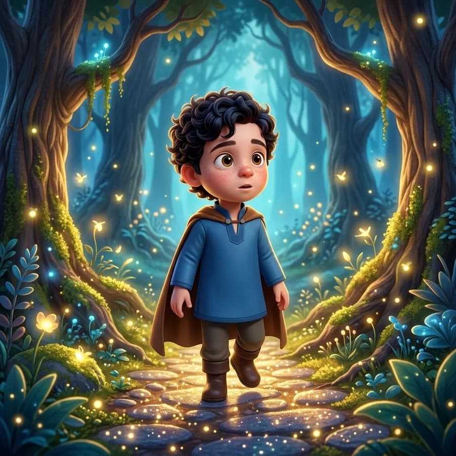 A child stepping onto a sparkling path winding into a twilight forest