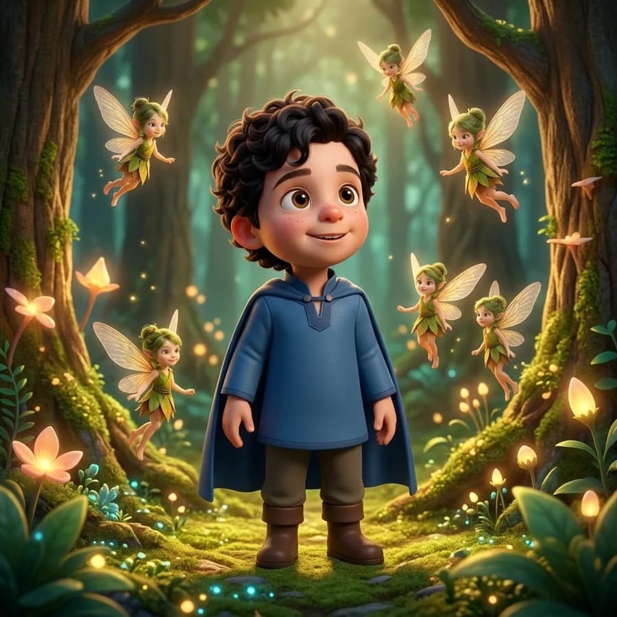 Tiny glowing fairies leading the same child deeper into the glowing forest