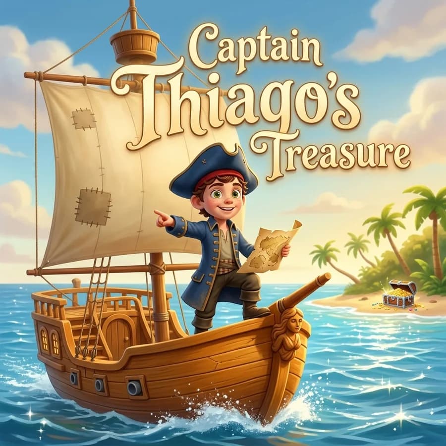 An illustrated cover reading “Captain Thiago's Treasure”, a boy in a tricorn hat at the bow of a wooden ship