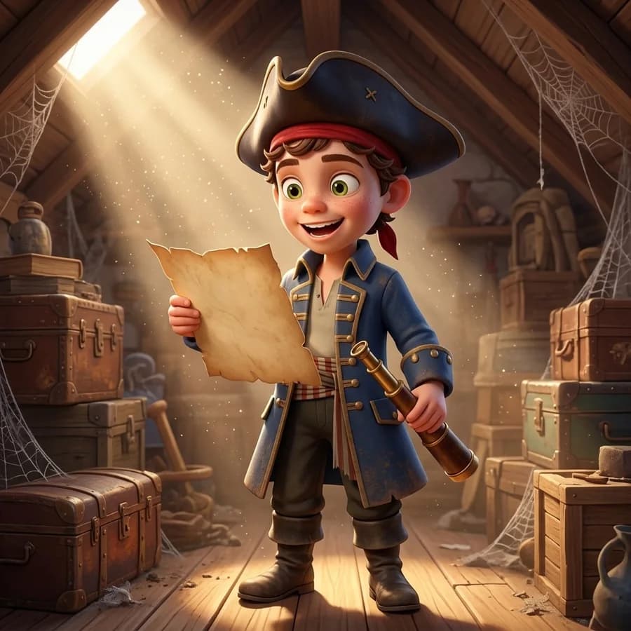 A child in a pirate hat unrolling an old treasure map in a lamplit attic