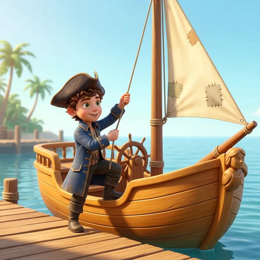 The same child on the deck of a small wooden ship, hauling up a patched sail