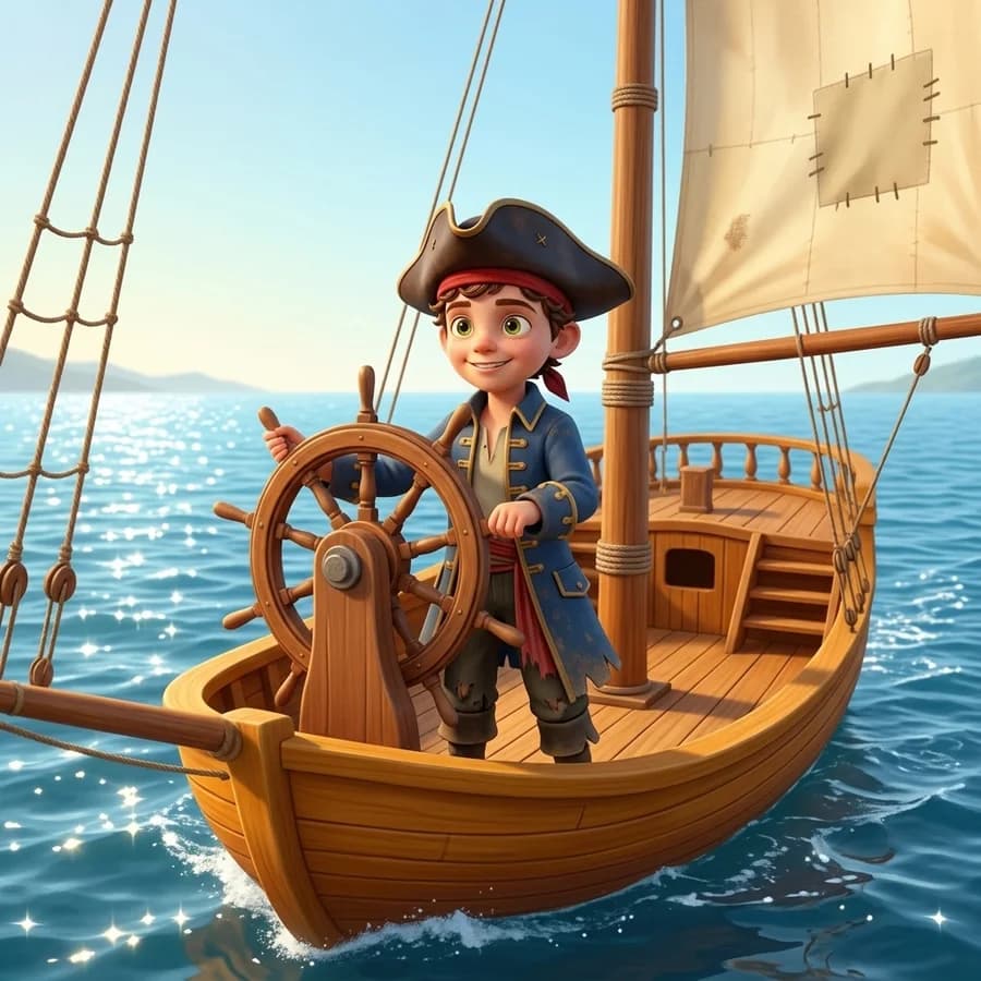 The child at the ship's wheel, steering out across bright open water