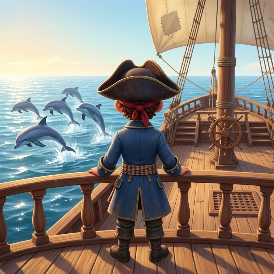 Seen from behind: the little captain at the rail watching dolphins leap alongside