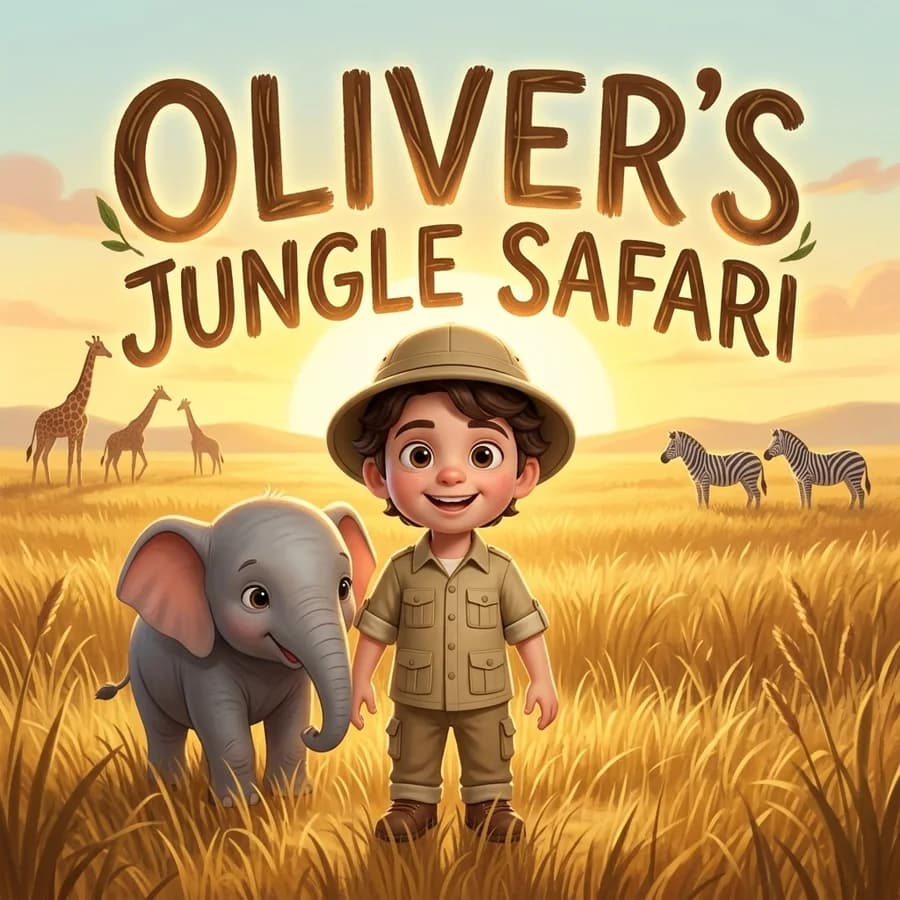 An illustrated cover reading “Oliver's Jungle Safari”, a small explorer in a safari hat beside a baby elephant