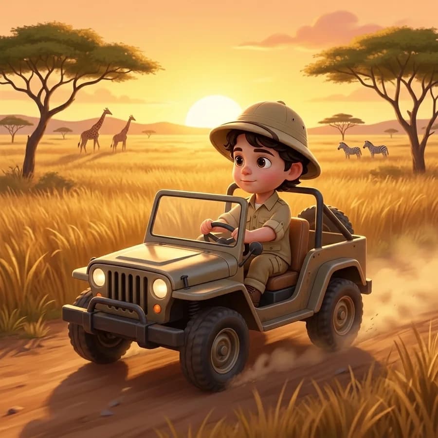 A child in a safari hat setting off across a golden savannah in a little open jeep