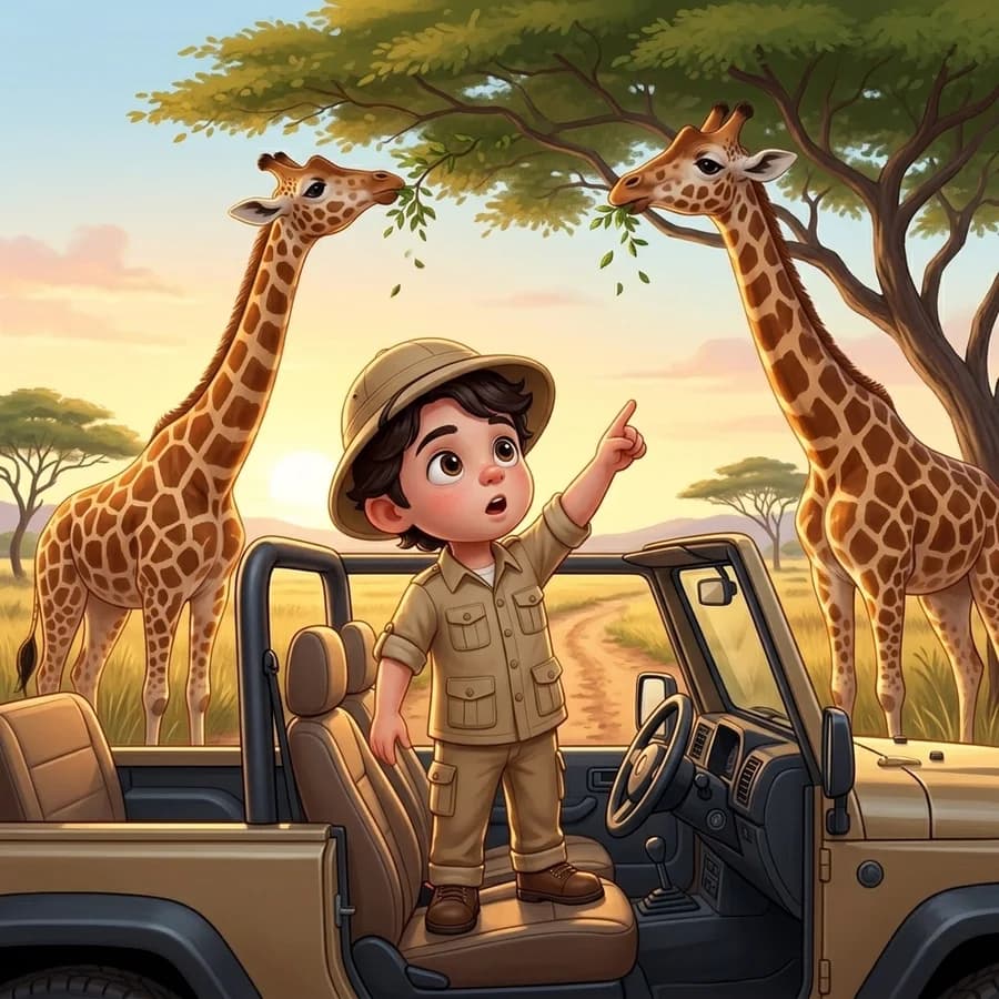 The same child standing up in the jeep, pointing at giraffes nibbling the treetops