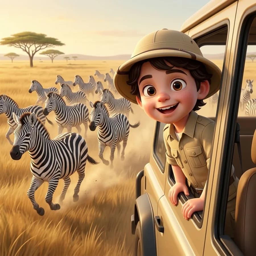 A herd of zebras galloping past the jeep, the child leaning out to watch