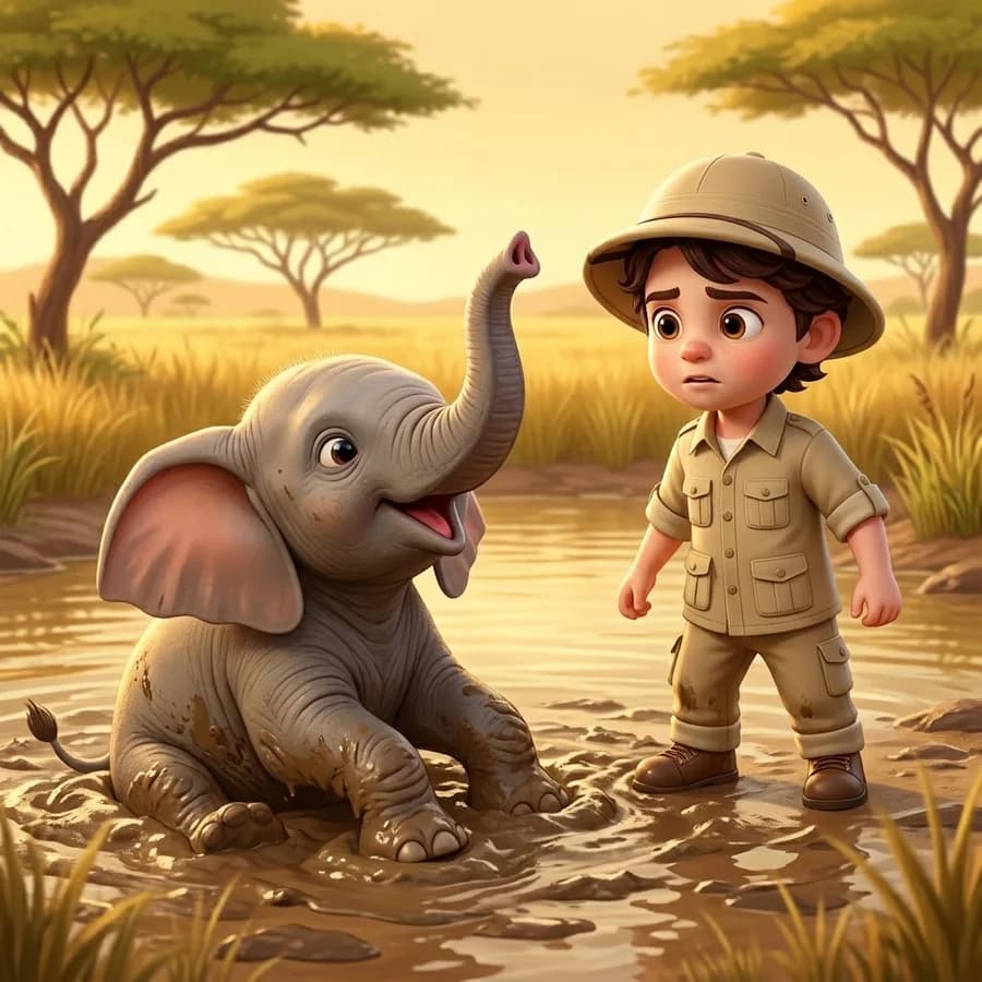 A baby elephant stuck fast in the mud at a riverbank, trunk raised, the child nearby
