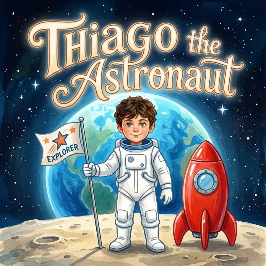 An illustrated cover reading “Thiago the Astronaut”, a boy on the Moon beside a red rocket, planting a flag