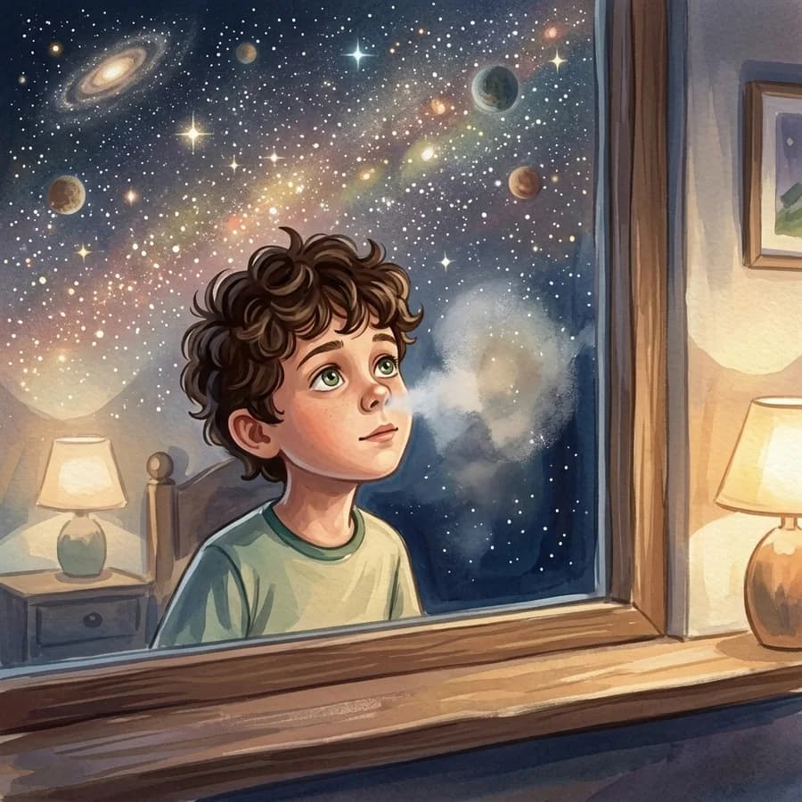 A child at a bedroom window, nose to the glass, gazing up at a sky full of stars