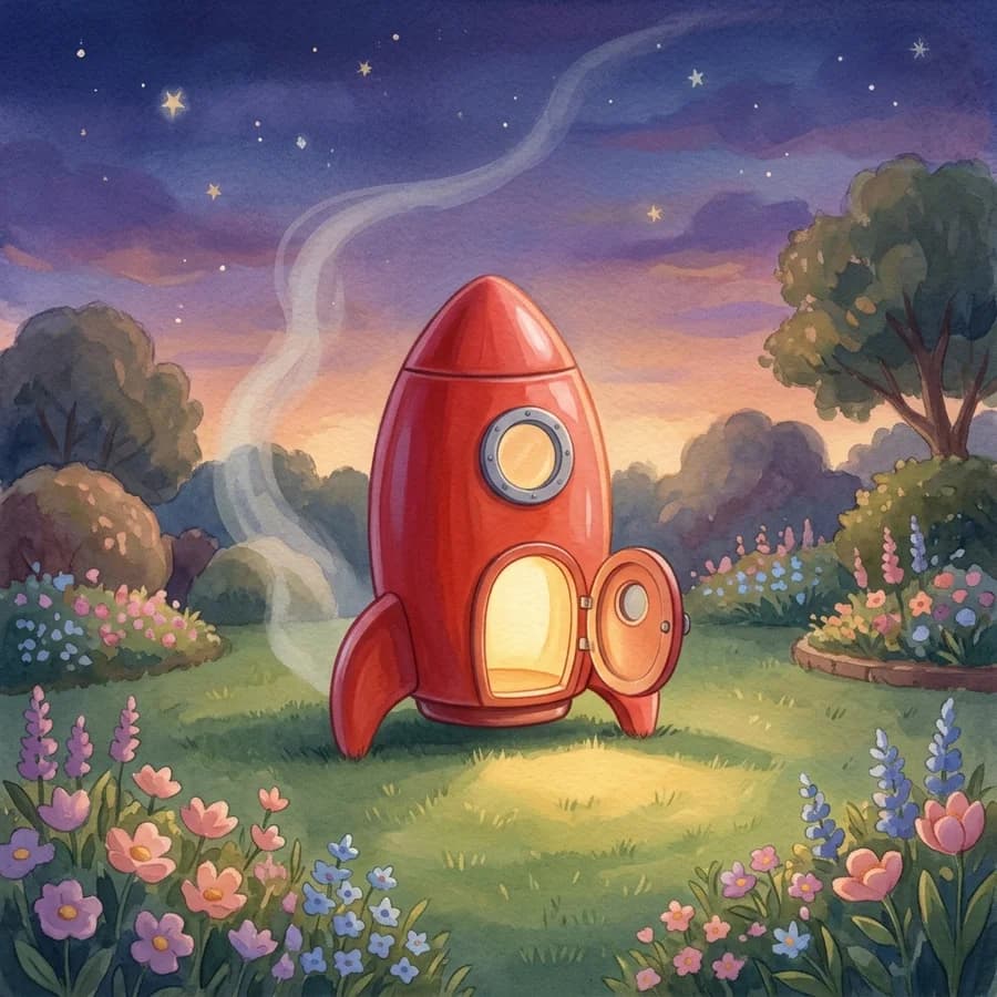 A small red rocket waiting on the grass in a garden at dusk