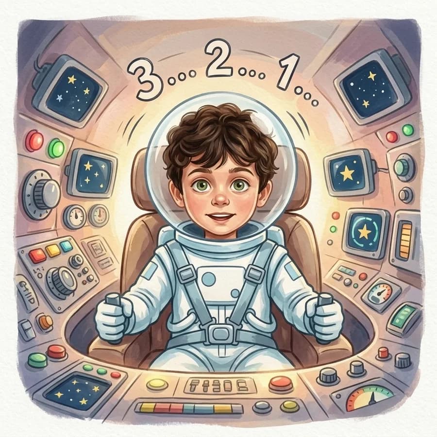 The same child in the rocket's cockpit, hands on the controls, counting down