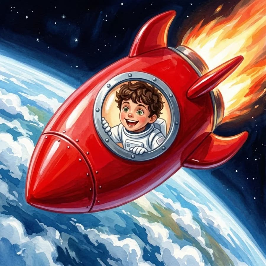 The red rocket climbing away from the blue curve of the Earth