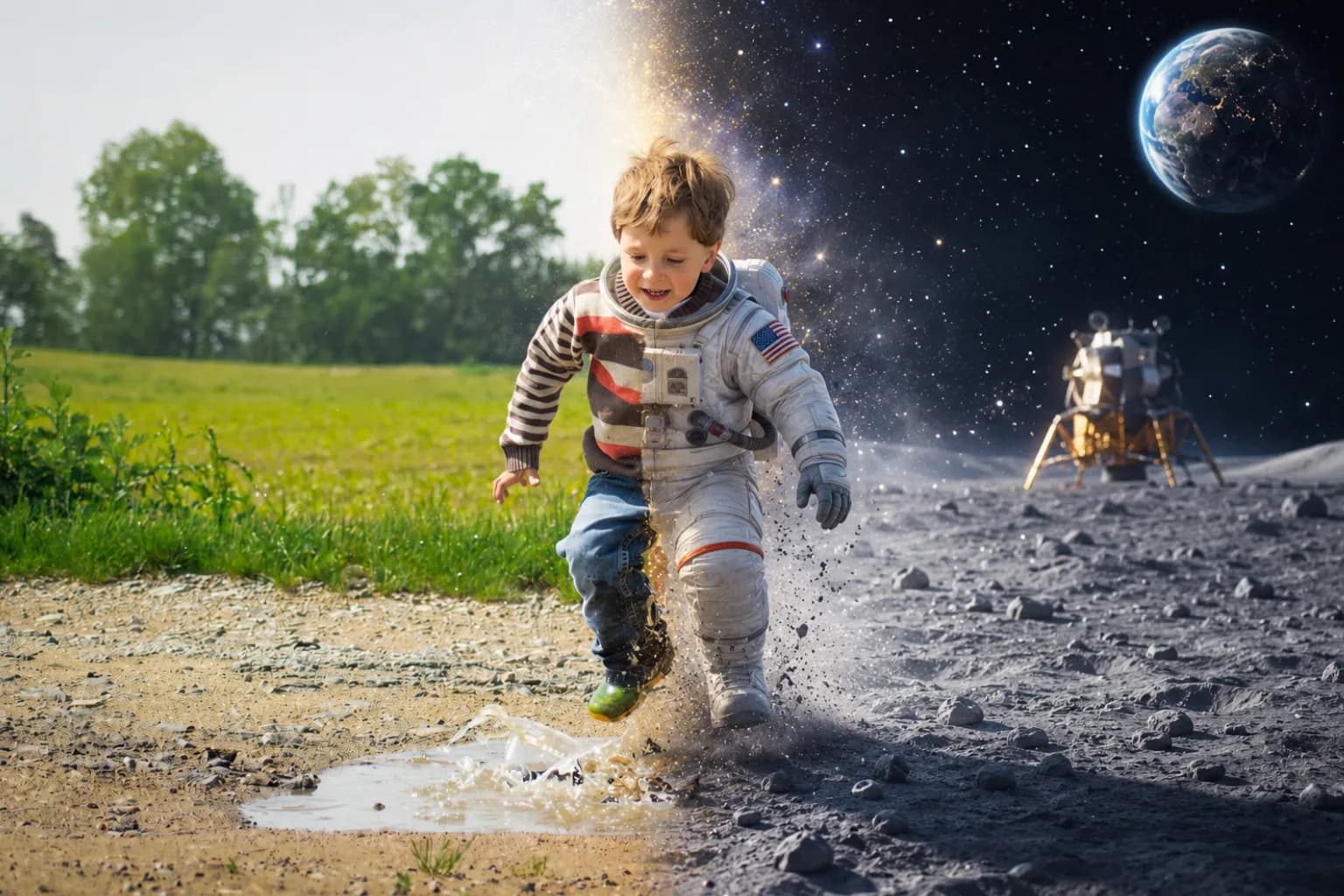A real child runs across a field and becomes an astronaut stepping onto the Moon, Earth glowing in the distance.
