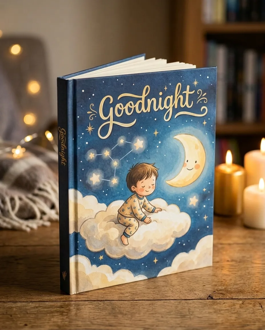 Goodnight — the printed hardcover standing on a table by candlelight