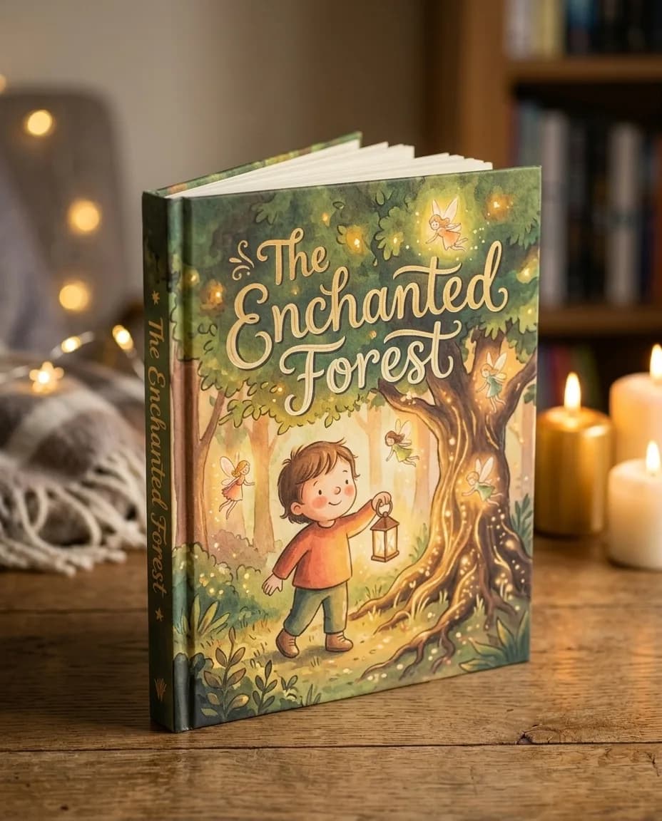 The Enchanted Forest — the printed hardcover standing on a table by candlelight