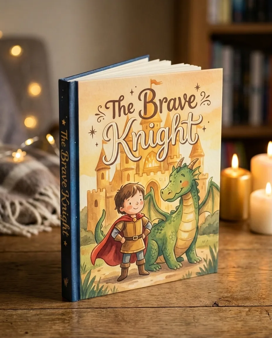 The Brave Knight — the printed hardcover standing on a table by candlelight