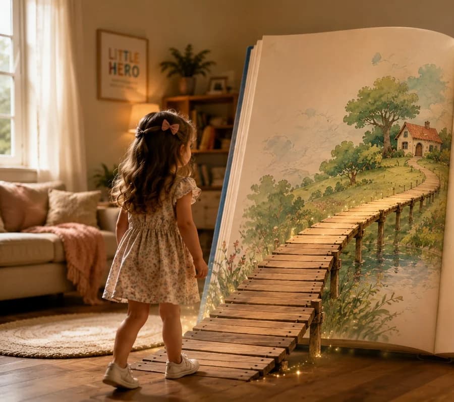 A giant open storybook in a living room, a little girl stepping onto a lantern-lit bridge that leads into the illustrated page