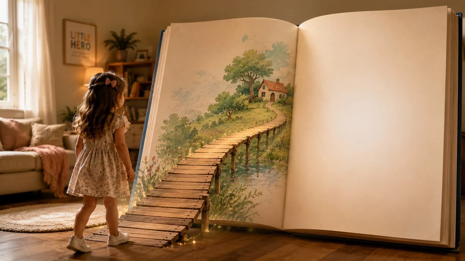A giant open storybook in a living room: a little girl steps onto a lantern-lit bridge that leads into the illustrated page, while the facing page is still blank