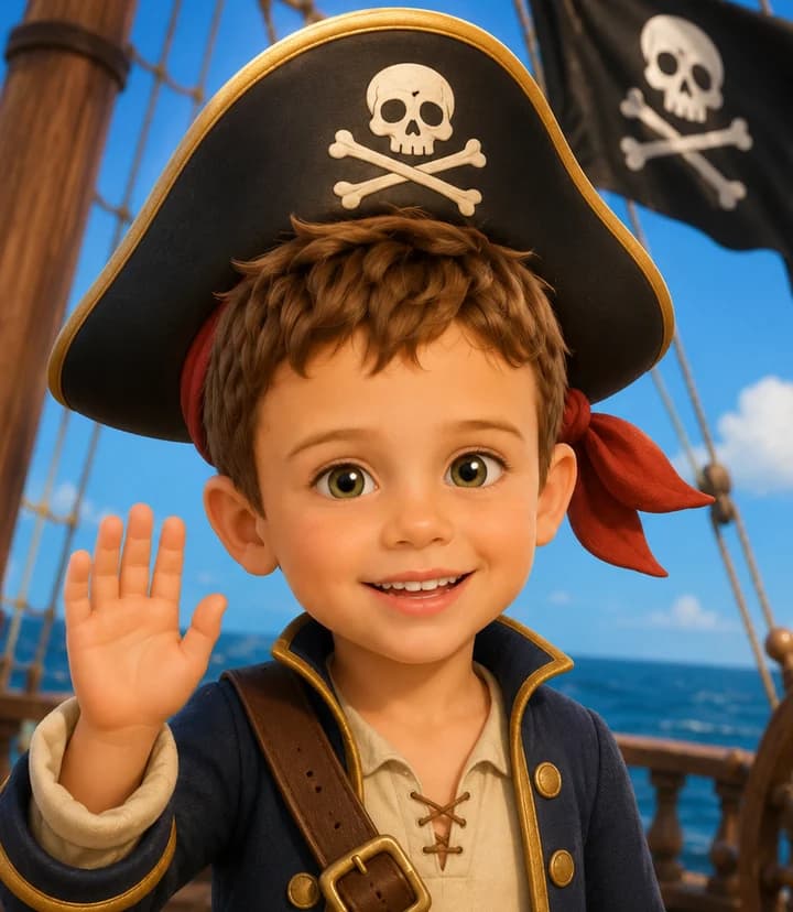 The same boy illustrated as a pirate captain in the 3D animated style, waving from the deck of a ship.