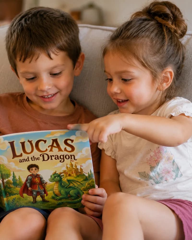 A younger sister pointing at the knight on the cover of her brother's dragon book while he looks on.