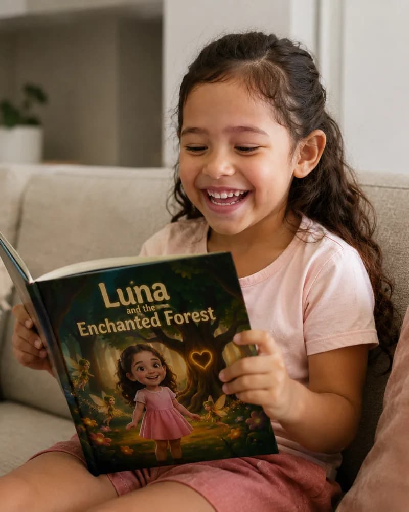 A girl on the sofa laughing as she reads her enchanted-forest hardcover.