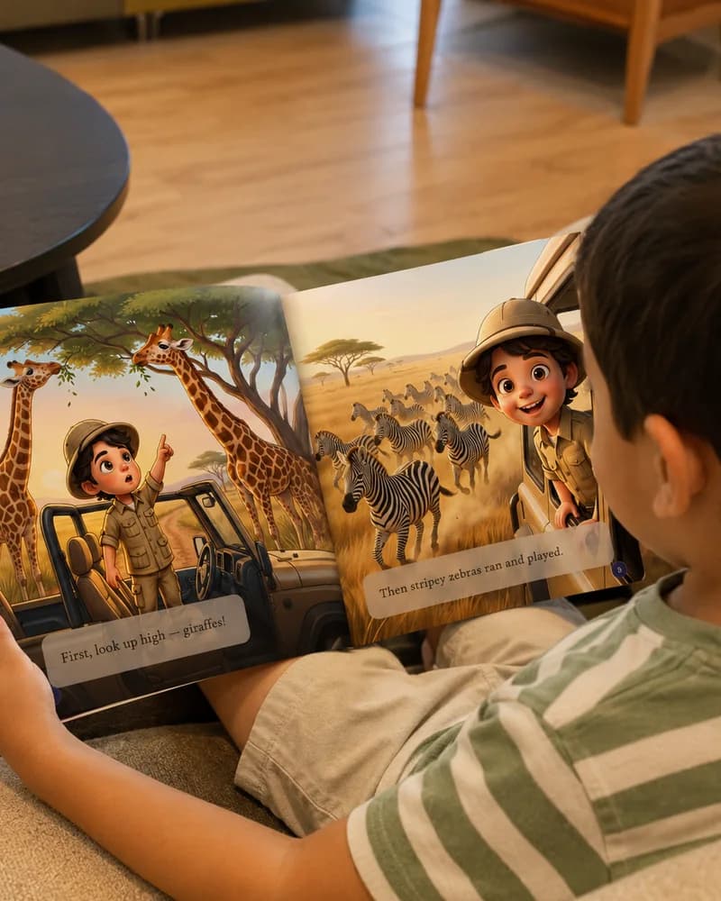 Seen over his shoulder: a boy on the floor with the book open, giraffes on one page and zebras on the other.