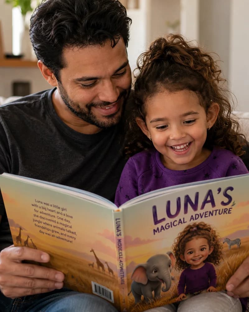 A father and his daughter leaning together over an open safari book, both smiling at the page.