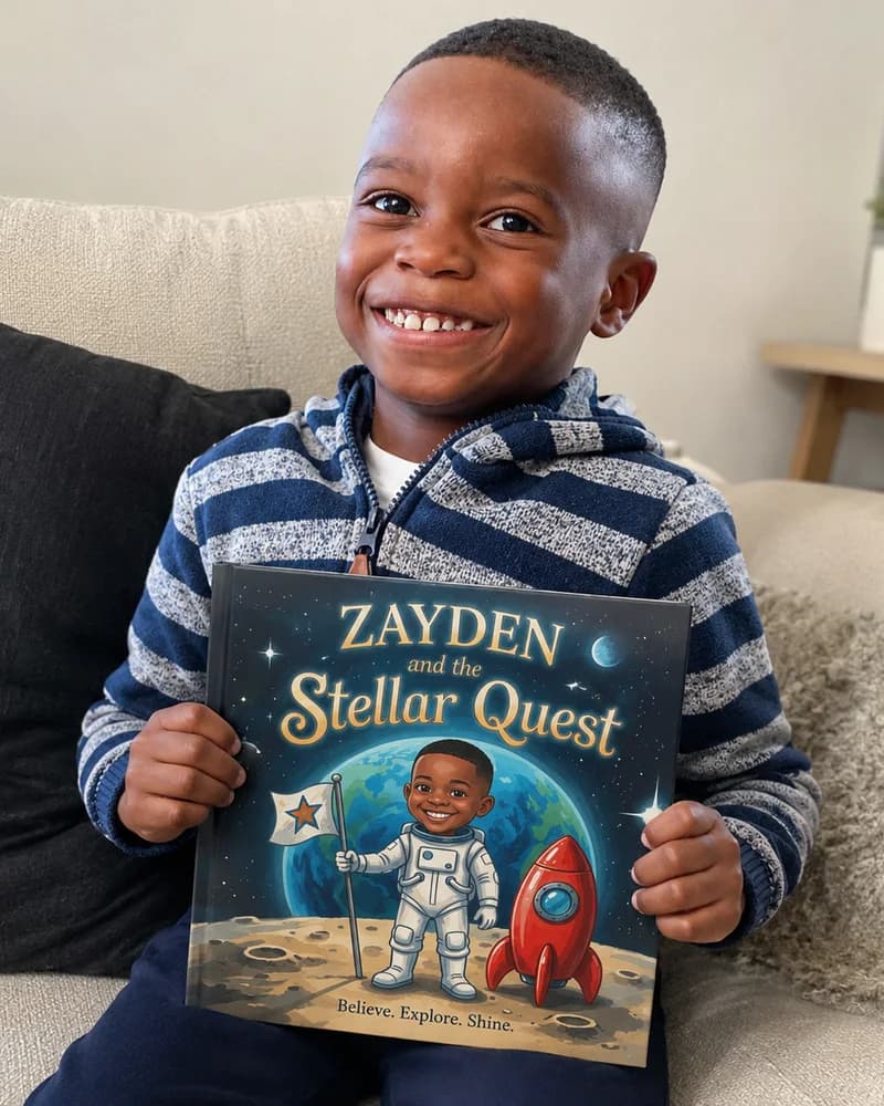 A boy beaming on the sofa, holding his space hardcover up to the camera with both hands.